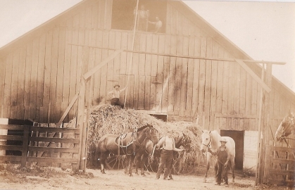 Shattuck Dairy - haying, 2 men above hay mow