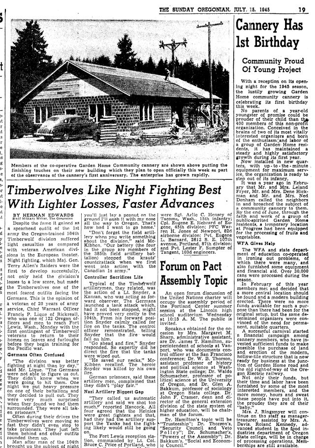 Oregonian July 13, 1945 page 19 article about the Garden Home Co-Op Cannery