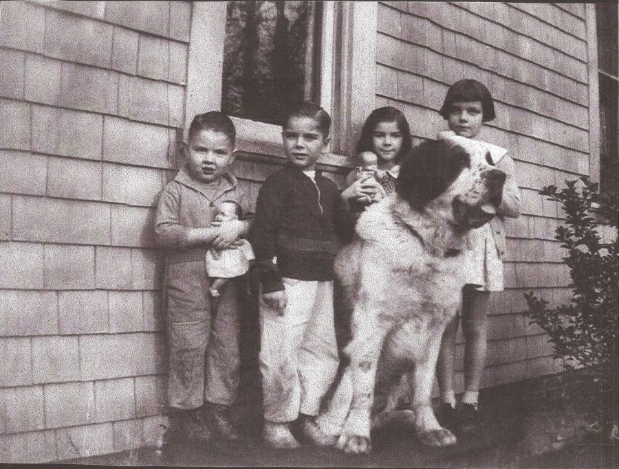 Betty the St. Bernard with (L-R) Cousins Bill Norris, Doc Hickman, Lou Anne Hickman and Eilene Norris.