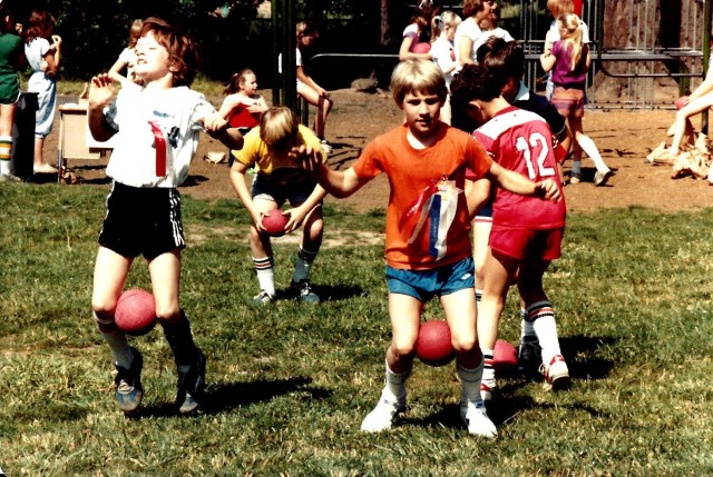 1982 Final day of Garden Home School - Field Day event with kids carrying balls between their knees